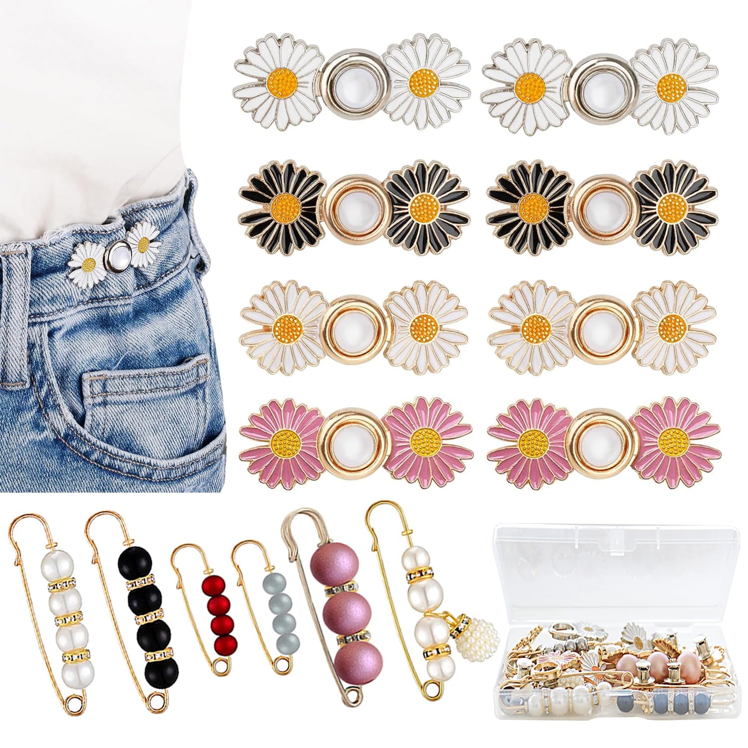 SANNIDHI® Pant Waist Tightener 14 Pcs Set, 10 Style Removable Jean Button Pins, Instant Jean Buttons for Loose Jeans, No Sewing Required Pants Clips for Waist SANNIDHI® Pant Waist Tightener 14 Pcs Set, 10 Style Removable Jean Button Pins, Instant Jean Buttons for Loose Jeans, No Sewing Required Pants Clips for Waist